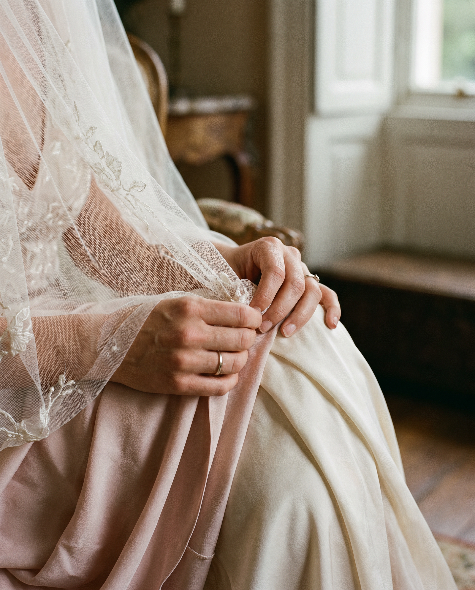 Bride adjusting her veil, detail shot