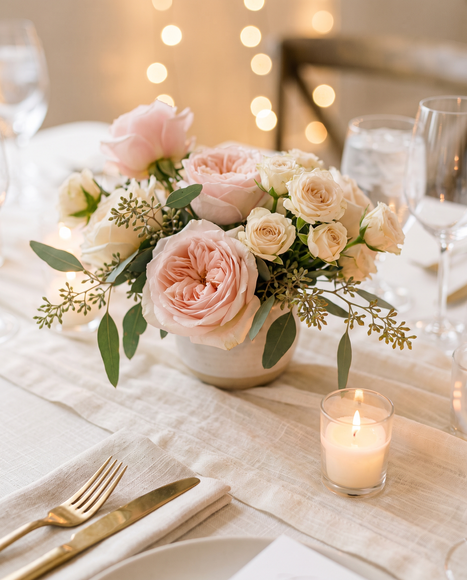Reception table detail with candlelight